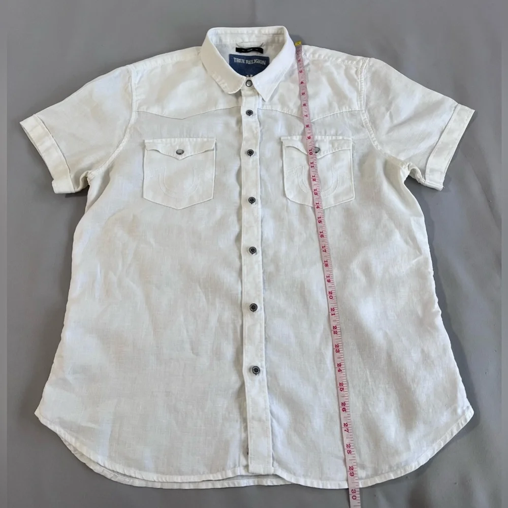 TRUE RELIGION Shirt Men L 100% Linen Button up‎ Slim Western Short Sleeve White